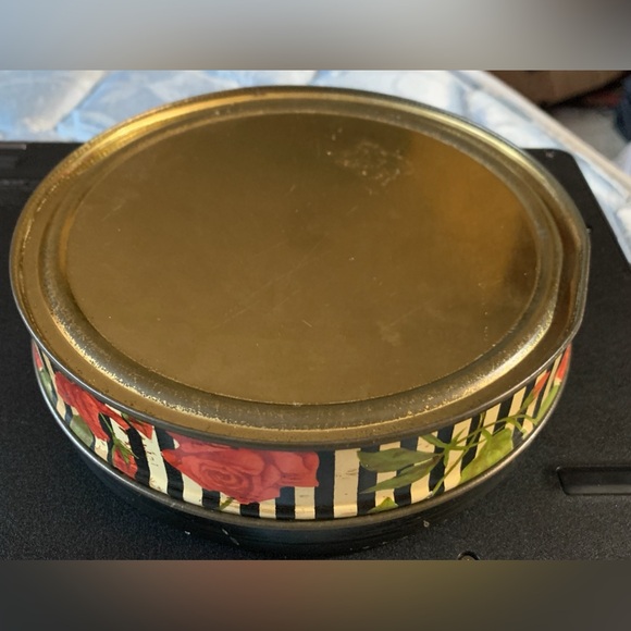 Mid Century Vtg Floral Striped Metal Lidded Candy Biscuit Tin - Picture 4 of 16